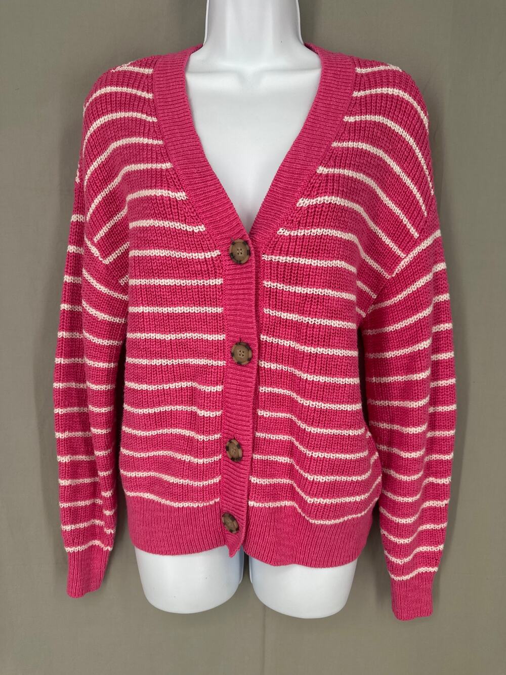 Loft Cardigan Sweater Women Small Pink Striped Oversized V Neck Cozy Casual